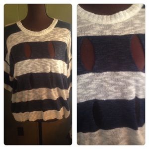 DISTRESSED STRIPED SWEATER BLUE AND WHITE GREAT WITH TANK OR BRALETTE OVERSIZED